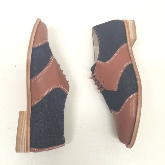 F-Troupe Womens Saddle Shoes Sz 39 Leather and Denim Brown Blue US Sz 8.5 - Picture 6 of 16